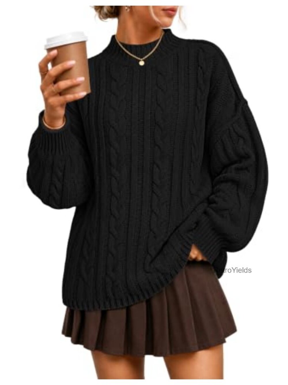 Oversized Mock Neck Cable Knit Pullover Sweater Drop Shoulder Balloon Sleeve